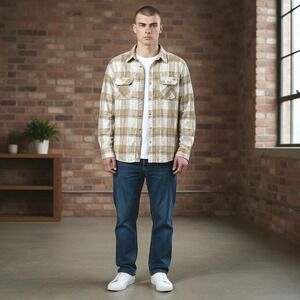 Salty Crew Mens‎ Button Up Shirt L Large Flannel Plaid Beige Long Sleeve